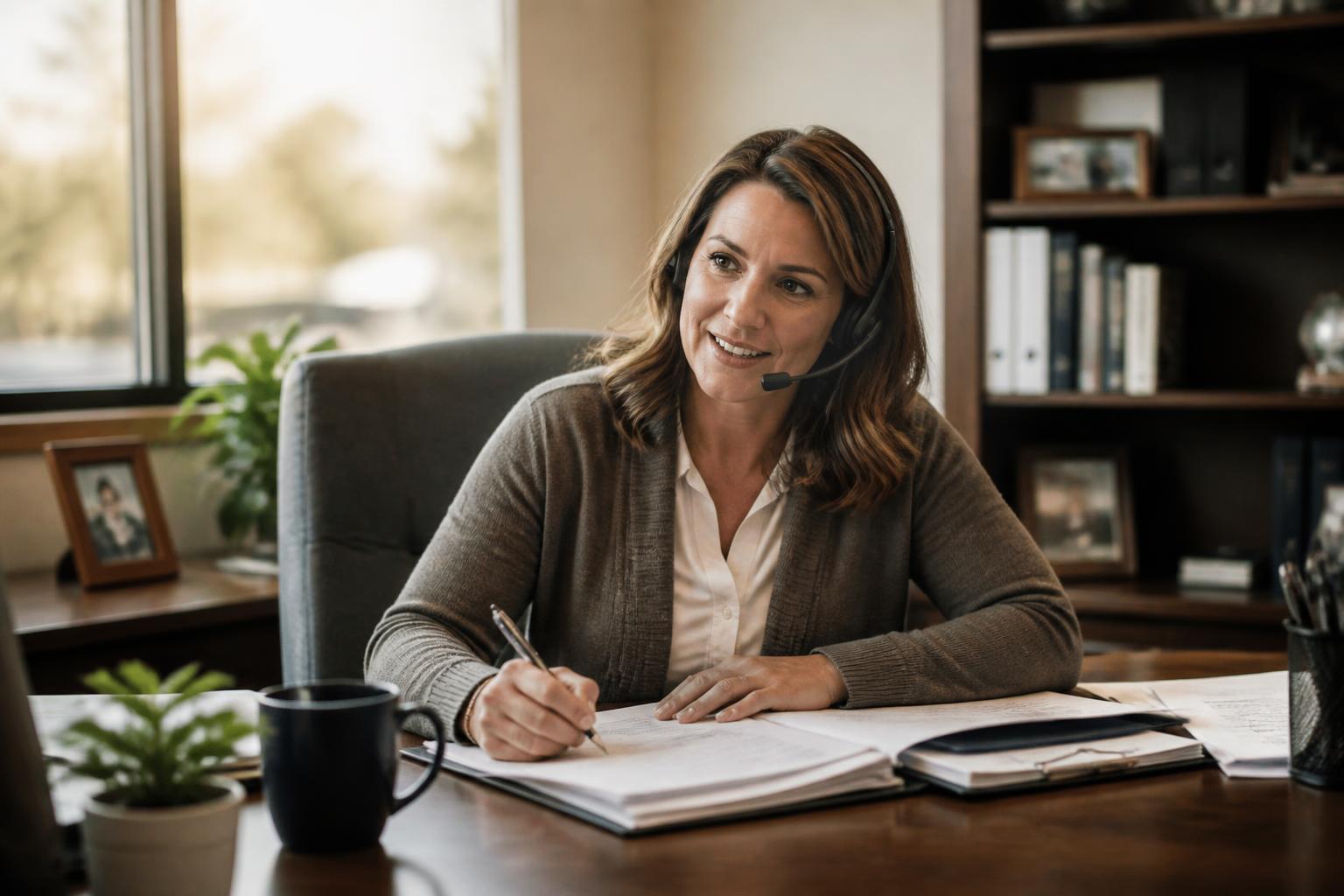 A licensed Get Drive Direct advisor taking notes while speaking with a caller on a headset