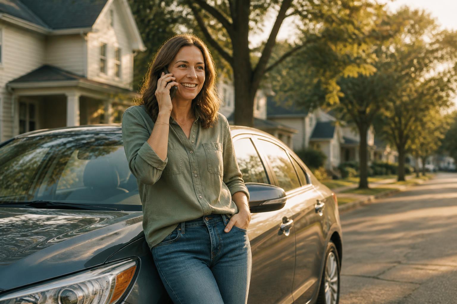 Driver leaning on her car while calling a Get Drive Direct advisor from a suburban street